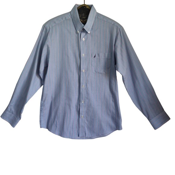 NAUTICA Preppy Button Down Stripe Sailboat Logo Cotton Blend Poplin Shirt Sz M - Picture 1 of 7